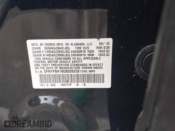 2016 Honda Pilot LX с VIN 5FNYF6H18GB026259, выставлен на аукционе IAAI как лот 42798361 с пробегом 113 649 миль миль и . История ставок и продаж доступна на DreamBid. Изображение 9.