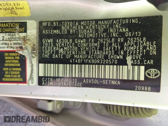 2013 Toyota Camry L with VIN 4T4BF1FK9DR320570, listed as a IAAI auction lot 43484254 with 147,358 mi miles and . Bid and sale history available at DreamBid. Image 9.