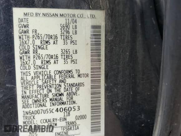 2005 Nissan Frontier SE z VIN 1N6AD07U55C406053, wystawiony jako Copart lot #65770195 z przebiegiem 182 751 mil mil oraz Czysty tytuł • Clean title. Historia ofert i sprzedaży dostępna na DreamBid. Obrazek 12.