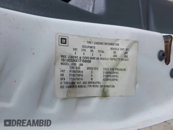 2001 Chevrolet Cavalier с VIN 1G1JC524X17158436, выставлен на аукционе IAAI как лот 42693812 с пробегом Не указан миль и . История ставок и продаж доступна на DreamBid. Изображение 9.