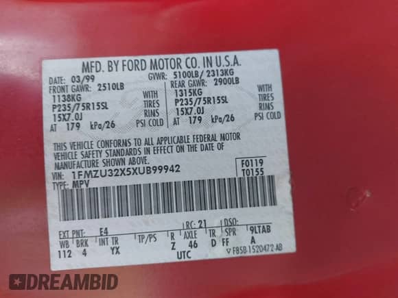 1999 Ford Explorer XL with VIN 1FMZU32X5XUB99942, listed as a IAAI auction lot 41204906 with 212,882 mi miles and . Bid and sale history available at DreamBid. Image 9.
