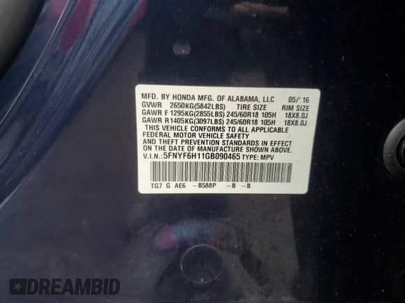 2016 Honda Pilot LX z VIN 5FNYF6H11GB090465, wystawiony jako Copart lot #83833105 z przebiegiem 98 929 mil mil oraz Szkoda całkowita • Salvage title. Historia ofert i sprzedaży dostępna na DreamBid. Obrazek 13.