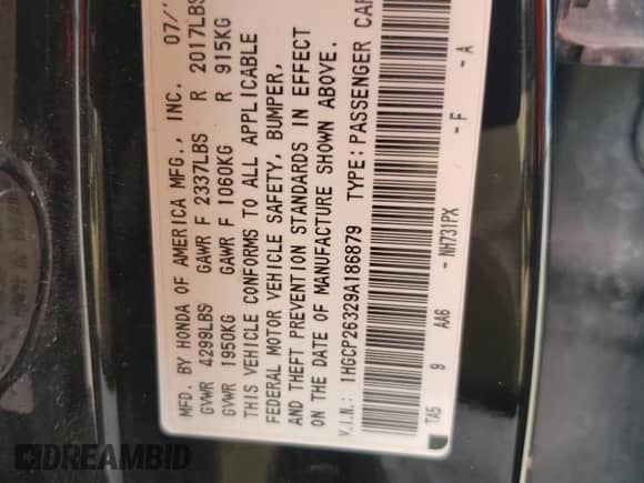 2009 Honda Accord LX with VIN 1HGCP26329A186879, listed as a Copart auction lot 82227085 with 174,391 mi miles and Clean title. Bid and sale history available at DreamBid. Image 12.