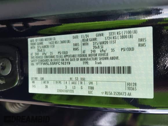 2024 Ford F-150 Lariat с VIN 1FTFW5L55RFC16319, выставлен на аукционе IAAI как лот 42308797 с пробегом 3 023 миль миль и . История ставок и продаж доступна на DreamBid. Изображение 9.