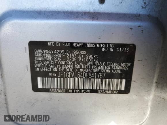 2013 Subaru Impreza Special Sports Premium with VIN JF1GPAL64DH841767, listed as a Copart auction lot 85884915 with 188,198 mi miles and Salvage title. Bid and sale history available at DreamBid. Image 12.