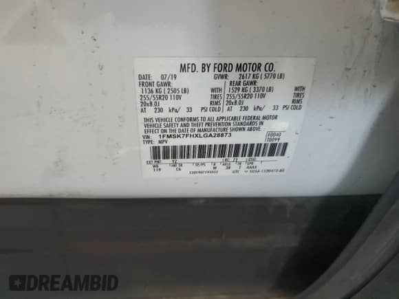 2020 Ford Explorer Limited z VIN 1FMSK7FHXLGA28873, wystawiony jako Copart lot #81441645 z przebiegiem 52 148 mil mil oraz Czysty tytuł • Clean title. Historia ofert i sprzedaży dostępna na DreamBid. Obrazek 13.