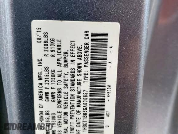 2016 Honda Accord EX-L with VIN 1HGCT1B65GA000657, listed as a Copart auction lot 71876395 with 182,765 mi miles and Salvage title. Bid and sale history available at DreamBid. Image 13.