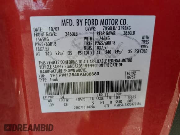 2008 Ford F-150 XLT с VIN 1FTPW12548KB88680, выставлен на аукционе Copart как лот 69052685 с пробегом 128 163 миль миль и Списание • Salvage title. История ставок и продаж доступна на DreamBid. Изображение 12.