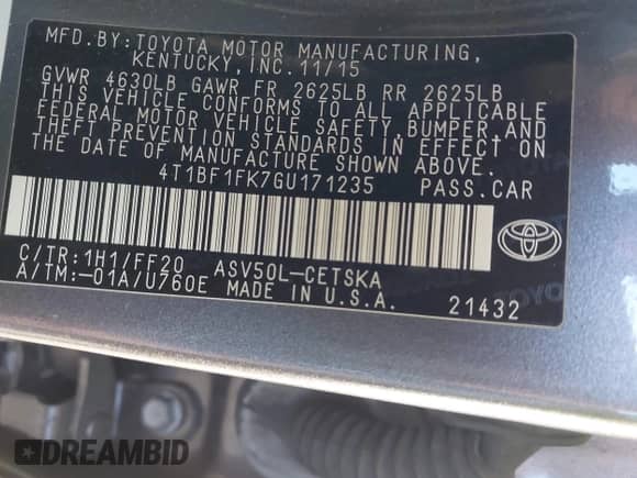 2016 Toyota Camry XLE with VIN 4T1BF1FK7GU171235, listed as a IAAI auction lot 43264854 with 124,422 mi miles and . Bid and sale history available at DreamBid. Image 9.