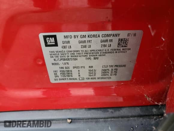 2016 Chevrolet Trax LT z VIN KL7CJPSB4GB751504, wystawiony jako Copart lot #82018265 z przebiegiem 168 016 mil mil oraz Czysty tytuł • Clean title. Historia ofert i sprzedaży dostępna na DreamBid. Obrazek 13.