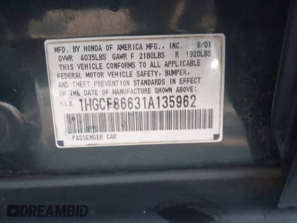 2001 Honda Accord VP с VIN 1HGCF86631A135962, выставлен на аукционе IAAI как лот 42557296 с пробегом 166 998 миль миль и . История ставок и продаж доступна на DreamBid. Изображение 9.