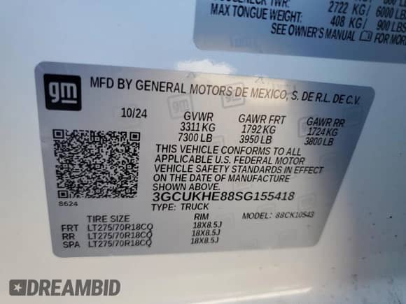 2025 Chevrolet Silverado 1500 z VIN 3GCUKHE88SG155418, wystawiony jako Copart lot #43241485 z przebiegiem 471 mil mil oraz Szkoda całkowita • Salvage title. Historia ofert i sprzedaży dostępna na DreamBid. Obrazek 12.