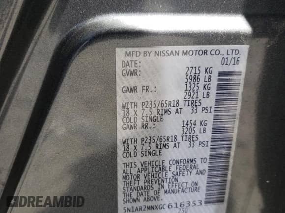 2016 Nissan Pathfinder SL with VIN 5N1AR2MNXGC616353, listed as a Copart auction lot 69844575 with 118,732 mi miles and Salvage title. Bid and sale history available at DreamBid. Image 14.