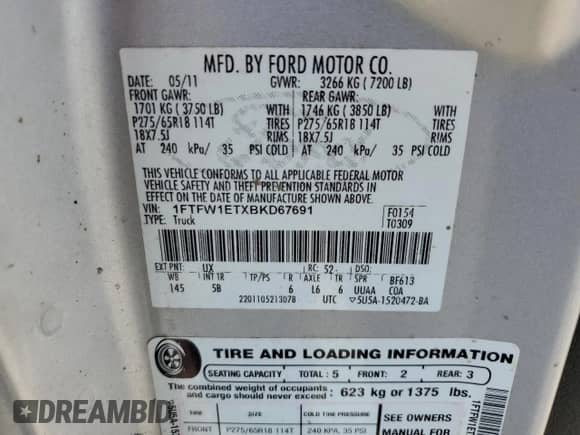 2011 Ford F-150 XLT с VIN 1FTFW1ETXBKD67691, выставлен на аукционе Copart как лот 69948165 с пробегом 267 839 миль миль и Чистый • Clean title. История ставок и продаж доступна на DreamBid. Изображение 12.