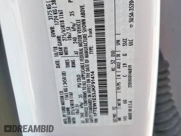 2018 Ford F-150 Lariat with VIN 1FTEW1E53JKF91414, listed as a Copart auction lot 81135235 with Not provided miles and Salvage title. Bid and sale history available at DreamBid. Image 13.