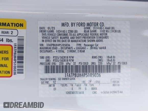 2023 Ford Mustang EcoBoost with VIN 1FATP8UH4P5105036, listed as a IAAI auction lot 43357689 with 61,296 mi miles and . Bid and sale history available at DreamBid. Image 9.