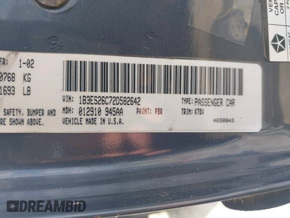 2002 Dodge Neon with VIN 1B3ES26C72D582642, listed as a IAAI auction lot 42425120 with 137,693 mi miles and . Bid and sale history available at DreamBid. Image 9.