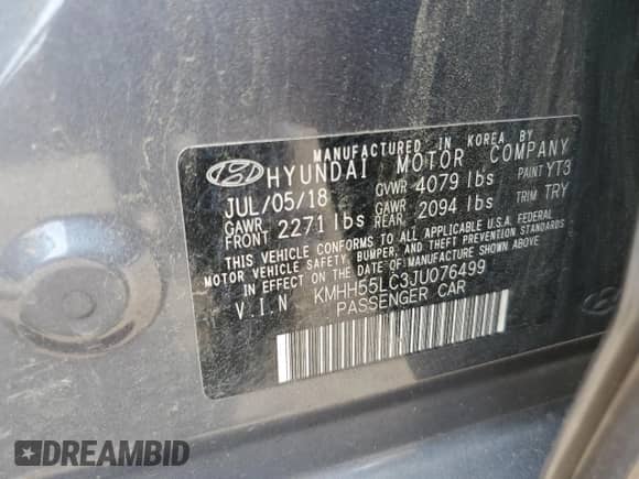 2018 Hyundai Elantra Sport with VIN KMHH55LC3JU076499, listed as a Copart auction lot 67970535 with 172,352 mi miles and Salvage title. Bid and sale history available at DreamBid. Image 13.