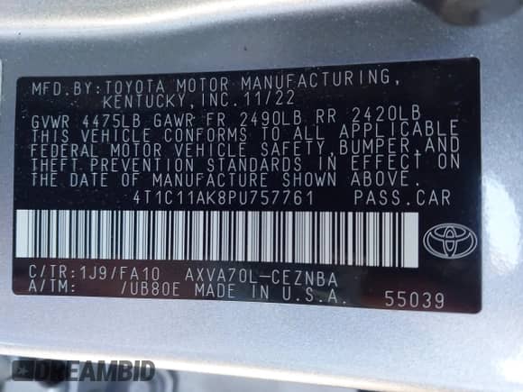 2023 Toyota Camry LE z VIN 4T1C11AK8PU757761, wystawiony jako IAAI lot #43340611 z przebiegiem 28 919 mil mil oraz . Historia ofert i sprzedaży dostępna na DreamBid. Obrazek 9.