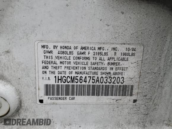 2005 Honda Accord LX with VIN 1HGCM56475A033203, listed as a Copart auction lot 69696325 with 274,297 mi miles and Salvage title. Bid and sale history available at DreamBid. Image 13.