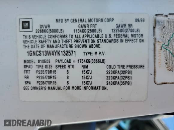 2000 Chevrolet Blazer LS z VIN 1GNCS13W4YK132571, wystawiony jako Copart lot #81794244 z przebiegiem 152 253 mil mil oraz Szkoda całkowita • Salvage title. Historia ofert i sprzedaży dostępna na DreamBid. Obrazek 15.