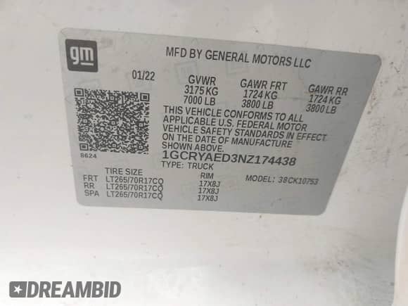 2022 Chevrolet Silverado 1500 Work Truck z VIN 1GCRYAED3NZ174438, wystawiony jako IAAI lot #42499087 z przebiegiem 79 266 mil mil oraz . Historia ofert i sprzedaży dostępna na DreamBid. Obrazek 9.