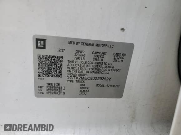 2018 GMC Sierra 1500 SLE z VIN 1GTV2MEC9JZ202522, wystawiony jako Copart lot #81724875 z przebiegiem 264 744 mil mil oraz Szkoda całkowita • Salvage title. Historia ofert i sprzedaży dostępna na DreamBid. Obrazek 12.
