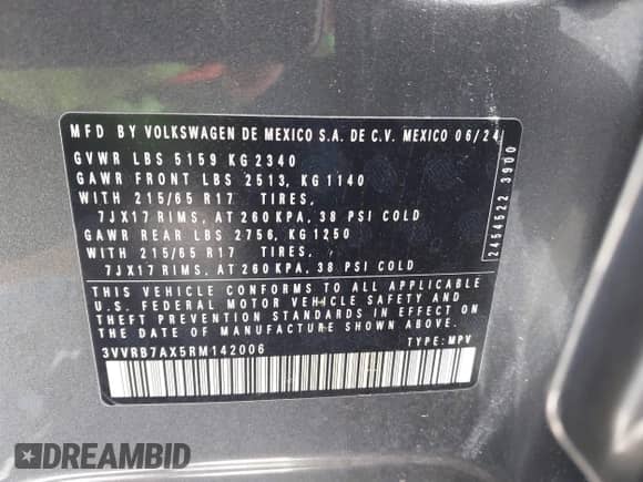 2024 Volkswagen Tiguan S с VIN 3VVRB7AX5RM142006, выставлен на аукционе IAAI как лот 42199560 с пробегом 235 миль миль и . История ставок и продаж доступна на DreamBid. Изображение 9.