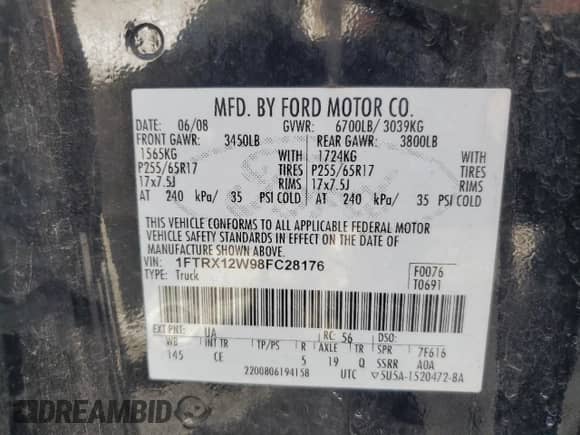 2008 Ford F-150 STX с VIN 1FTRX12W98FC28176, выставлен на аукционе Copart как лот 82239645 с пробегом 251 370 миль миль и Чистый • Clean title. История ставок и продаж доступна на DreamBid. Изображение 12.