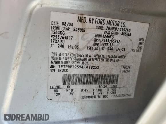 2004 Ford F-150 XLT with VIN 1FTPW12594FA18253, listed as a Copart auction lot 80632995 with 173,888 mi miles and Salvage title. Bid and sale history available at DreamBid. Image 13.