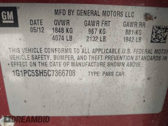 2012 Chevrolet Cruze LS с VIN 1G1PC5SH5C7366708, выставлен на аукционе IAAI как лот 43442054 с пробегом 179 255 миль миль и . История ставок и продаж доступна на DreamBid. Изображение 9.