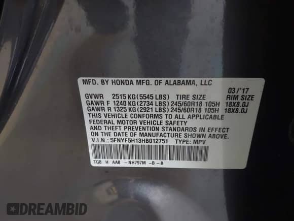 2017 Honda Pilot LX z VIN 5FNYF5H13HB012751, wystawiony jako IAAI lot #43380098 z przebiegiem 90 539 mil mil oraz . Historia ofert i sprzedaży dostępna na DreamBid. Obrazek 9.