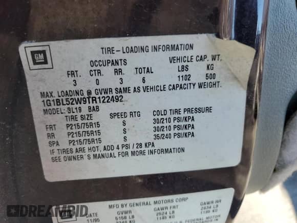 1996 Chevrolet Caprice 1SA Special Value с VIN 1G1BL52W9TR122492, выставлен на аукционе Copart как лот 83251184 с пробегом 190 358 миль миль и Чистый • Clean title. История ставок и продаж доступна на DreamBid. Изображение 12.