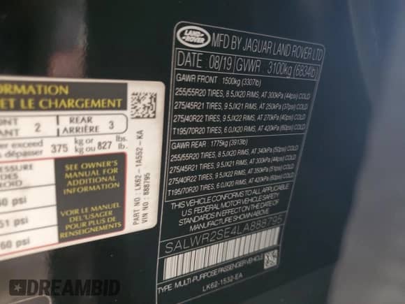 2020 Land Rover Range Rover Sport HSE Dynamic с VIN SALWR2SE4LA888795, выставлен на аукционе Copart как лот 53564155 с пробегом 66 838 миль миль и Списание • Salvage title. История ставок и продаж доступна на DreamBid. Изображение 13.