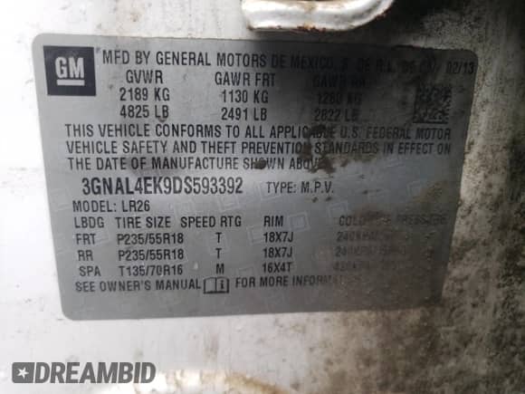 2013 Chevrolet Captiva Sport LTZ с VIN 3GNAL4EK9DS593392, выставлен на аукционе Copart как лот 72373684 с пробегом 127 984 миль миль и Списание • Salvage title. История ставок и продаж доступна на DreamBid. Изображение 13.