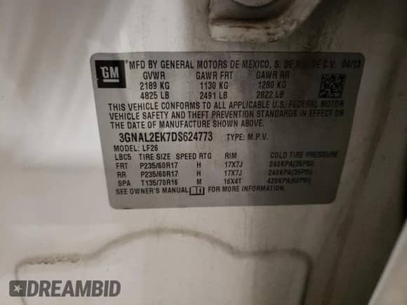 2013 Chevrolet Captiva Sport LS с VIN 3GNAL2EK7DS624773, выставлен на аукционе Copart как лот 73602844 с пробегом 205 317 миль миль и Чистый • Clean title. История ставок и продаж доступна на DreamBid. Изображение 13.