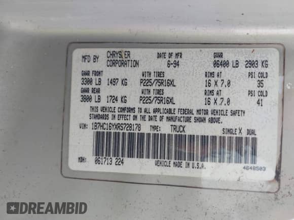 1994 Dodge 1500 z VIN 1B7HC16YXRS728178, wystawiony jako IAAI lot #42295850 z przebiegiem 44 926 mil mil oraz . Historia ofert i sprzedaży dostępna na DreamBid. Obrazek 9.