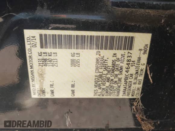 2014 Nissan Maxima S z VIN 1N4AA5AP8EC464837, wystawiony jako IAAI lot #43232603 z przebiegiem 173 546 mil mil oraz . Historia ofert i sprzedaży dostępna na DreamBid. Obrazek 9.