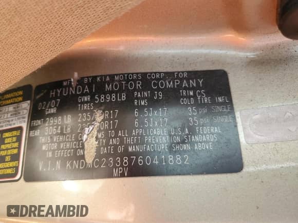 2007 Hyundai Entourage GLS с VIN KNDMC233876041882, выставлен на аукционе Copart как лот 51543355 с пробегом 217 748 миль миль и Списание • Salvage title. История ставок и продаж доступна на DreamBid. Изображение 13.