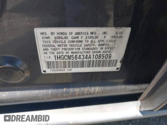 2004 Honda Accord LX z VIN 1HGCM56434A108509, wystawiony jako IAAI lot #42307973 z przebiegiem 281 963 mil mil oraz . Historia ofert i sprzedaży dostępna na DreamBid. Obrazek 9.