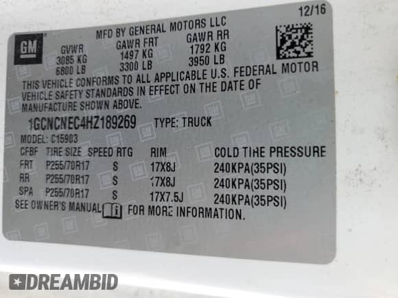 2017 Chevrolet Silverado 1500 Work Truck с VIN 1GCNCNEC4HZ189269, выставлен на аукционе Copart как лот 62085715 с пробегом 103 728 миль миль и Списание • Salvage title. История ставок и продаж доступна на DreamBid. Изображение 12.