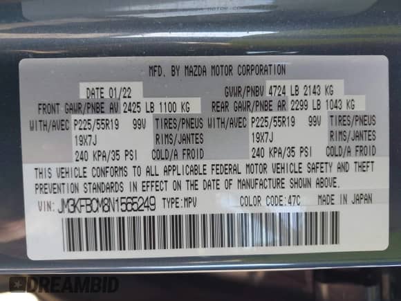 2022 Mazda CX-5 S Carbon Edition z VIN JM3KFBCM8N1565249, wystawiony jako IAAI lot #42739878 z przebiegiem 27 500 mil mil oraz . Historia ofert i sprzedaży dostępna na DreamBid. Obrazek 9.