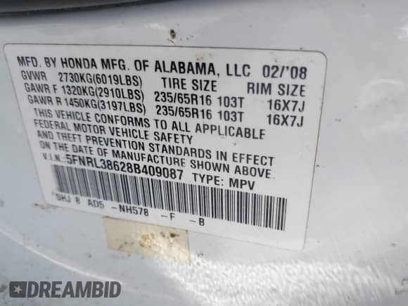 2008 Honda Odyssey EX-L with VIN 5FNRL38628B409087, listed as a IAAI auction lot 42974388 with 260,888 mi miles and . Bid and sale history available at DreamBid. Image 9.