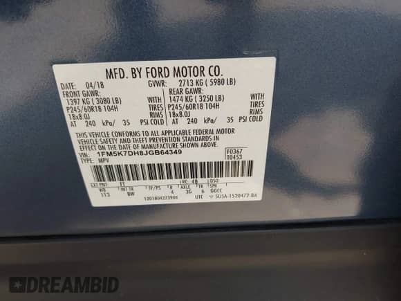 2018 Ford Explorer XLT с VIN 1FM5K7DH8JGB64349, выставлен на аукционе IAAI как лот 42722121 с пробегом 55 253 миль миль и . История ставок и продаж доступна на DreamBid. Изображение 9.