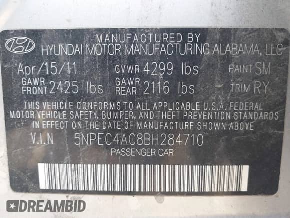 2011 Hyundai Sonata Limited with VIN 5NPEC4AC8BH284710, listed as a IAAI auction lot 42866035 with 191,587 mi miles and . Bid and sale history available at DreamBid. Image 9.