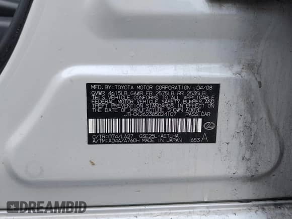 2008 Lexus IS 250 z VIN JTHCK262385024107, wystawiony jako IAAI lot #43038294 z przebiegiem Nie podano mil oraz . Historia ofert i sprzedaży dostępna na DreamBid. Obrazek 9.