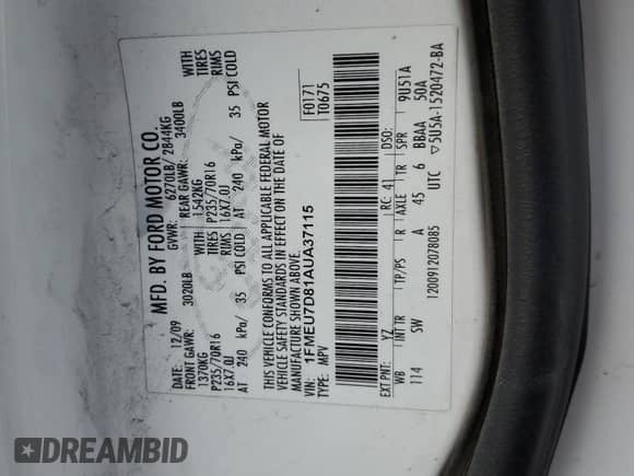 2010 Ford Explorer with VIN 1FMEU7D81AUA37115, listed as a Copart auction lot 43619325 with 159,683 mi miles and Clean title. Bid and sale history available at DreamBid. Image 13.