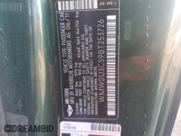 2011 MINI Hardtop with VIN WMWSU3C59BT253726, listed as a Copart auction lot 87220845 with 123,389 mi miles and Salvage title. Bid and sale history available at DreamBid. Image 12.