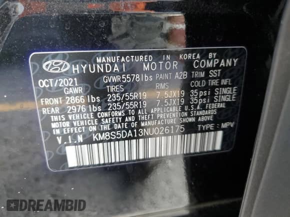 2022 Hyundai Santa Fe Limited с VIN KM8S5DA13NU026175, выставлен на аукционе Copart как лот 86622295 с пробегом 28 092 миль миль и Списание • Salvage title. История ставок и продаж доступна на DreamBid. Изображение 13.