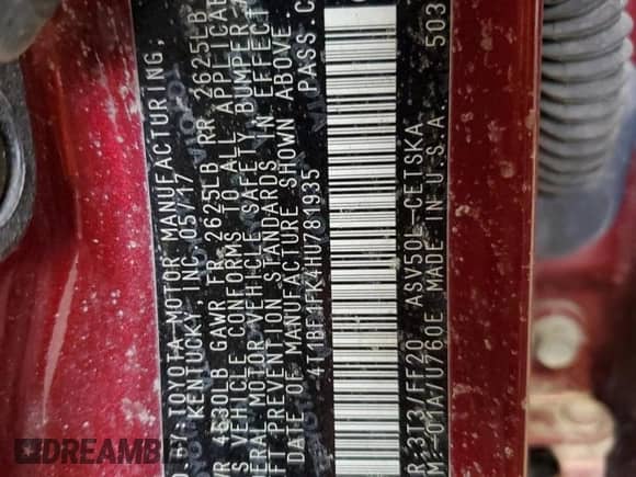 2017 Toyota Camry XLE с VIN 4T1BF1FK4HU781935, выставлен на аукционе Copart как лот 86530155 с пробегом 134 981 миль миль и Чистый • Clean title. История ставок и продаж доступна на DreamBid. Изображение 12.